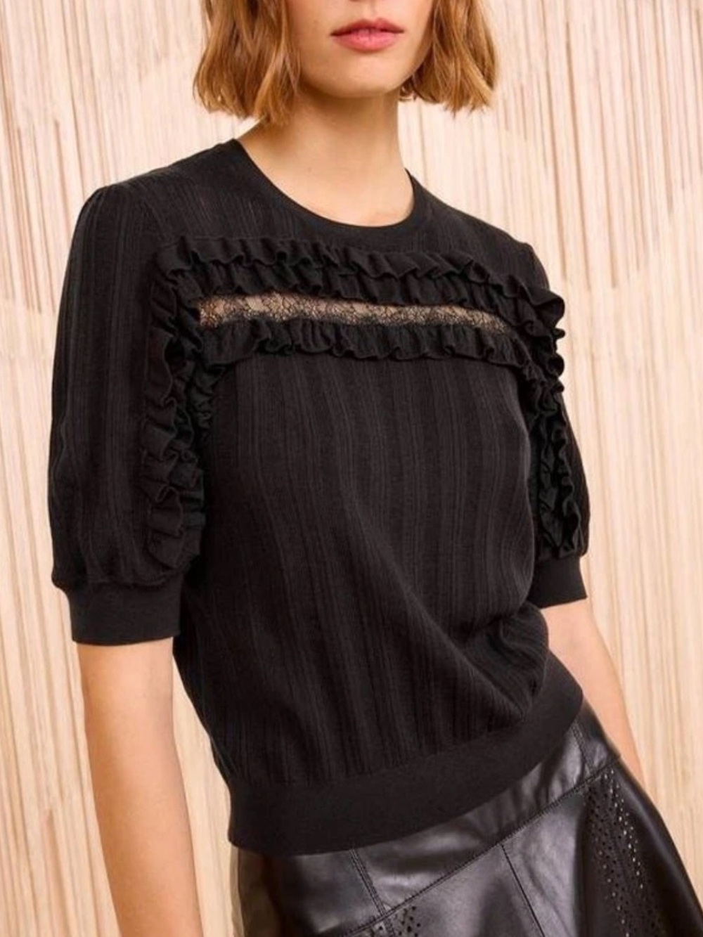 Ulla Johnson Salima Short Sleeve Knit Noir Black Ruffle Trim Wool Top Size Large